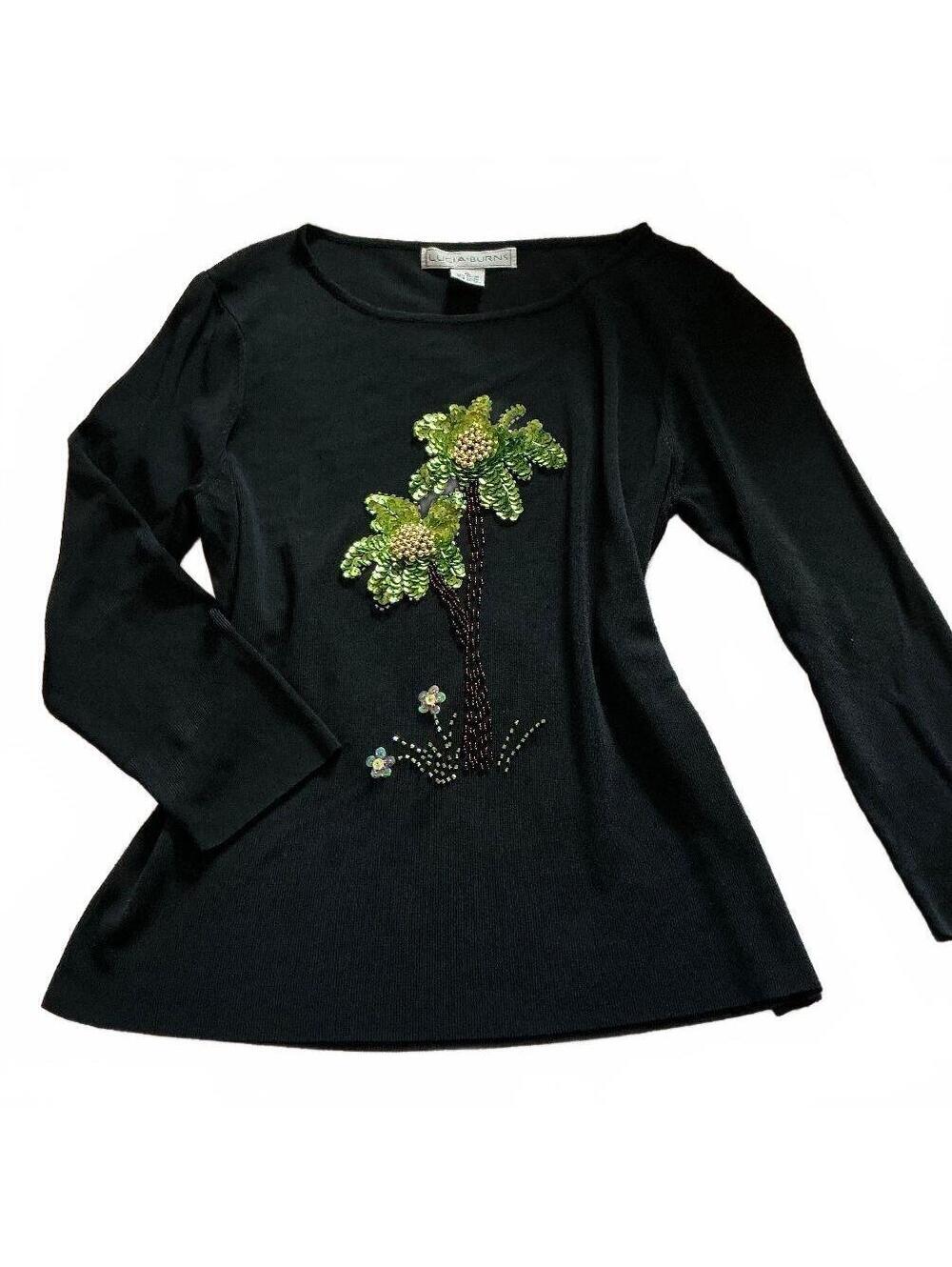 Lucia Burns XL Sequin & Beaded Palm Tree Embellished Blouse
